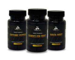 Fred's Farm Circulation & Energy Pack featuring three herbal supplement bottles — Cayenne Pepper, Maca Root, and Dandelion Root