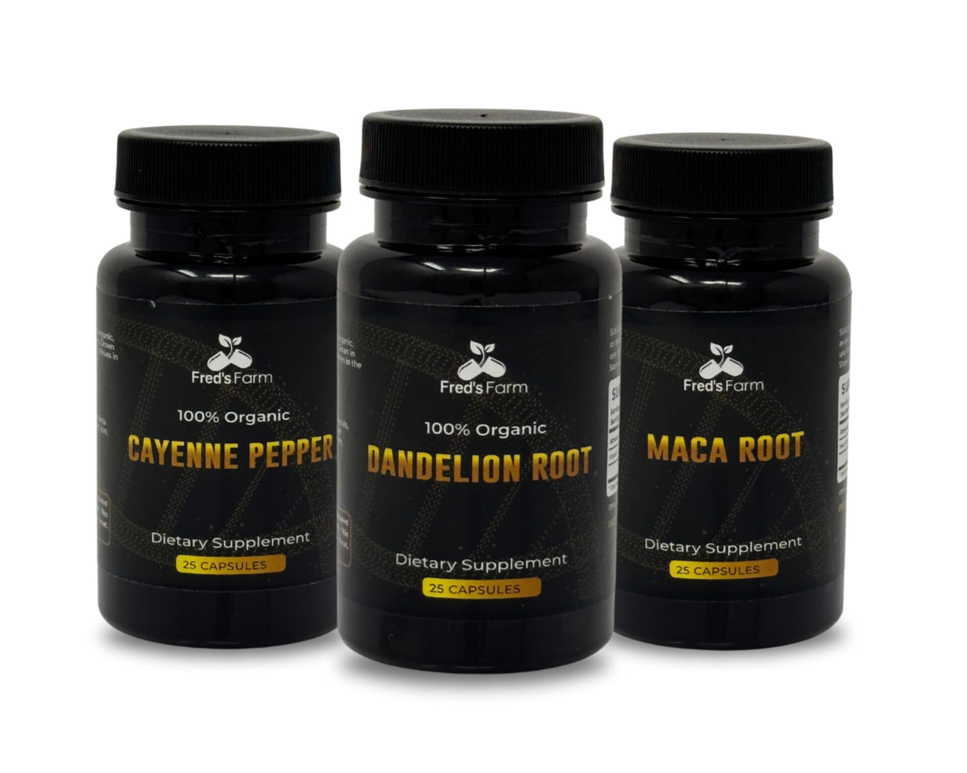 Fred's Farm Circulation & Energy Pack featuring three herbal supplement bottles — Cayenne Pepper, Maca Root, and Dandelion Root
