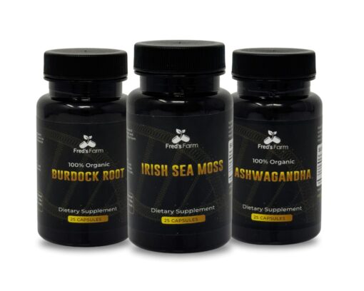 The Daily Reset Kit by Fred's Farm, featuring three herbal supplement bottles — Burdock Root, Sea Moss, and Ashwagandha