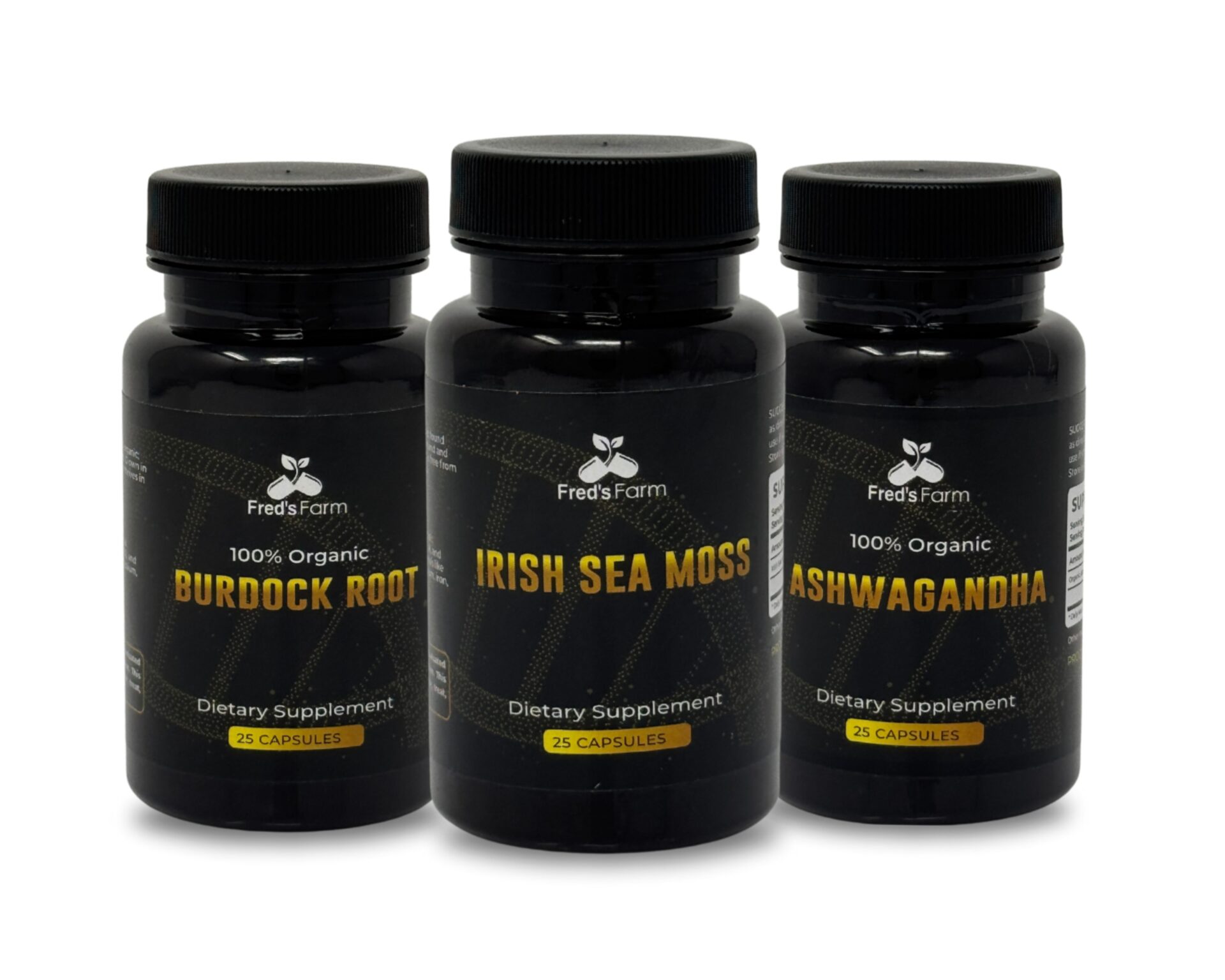 The Daily Reset Kit by Fred's Farm, featuring three herbal supplement bottles — Burdock Root, Sea Moss, and Ashwagandha
