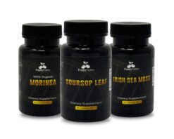 Fred's Farm Immunity Defense Trio featuring three herbal supplement bottles — Sea Moss, Moringa, and Soursop Leaf