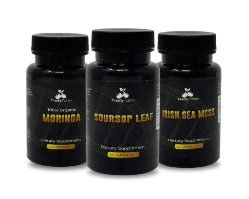 Fred's Farm Immunity Defense Trio featuring three herbal supplement bottles — Sea Moss, Moringa, and Soursop Leaf