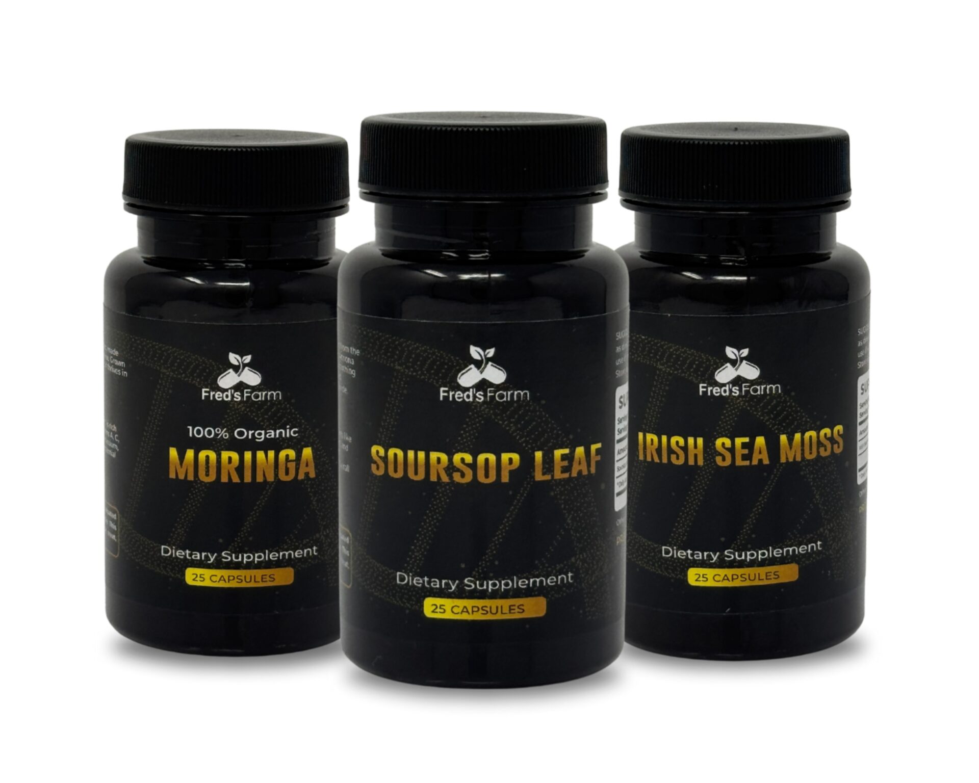 Fred's Farm Immunity Defense Trio featuring three herbal supplement bottles — Sea Moss, Moringa, and Soursop Leaf